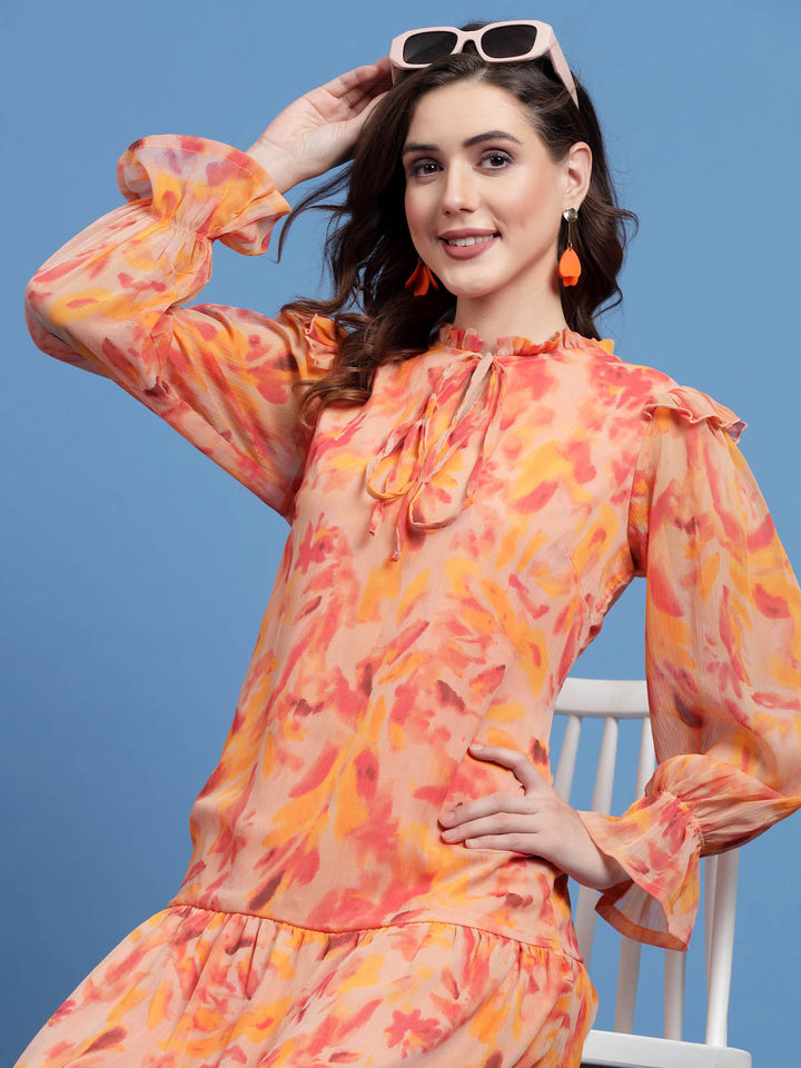 Orange Floral Printed Tie-Up Neck Bell Sleeve Drop-Waist Dress