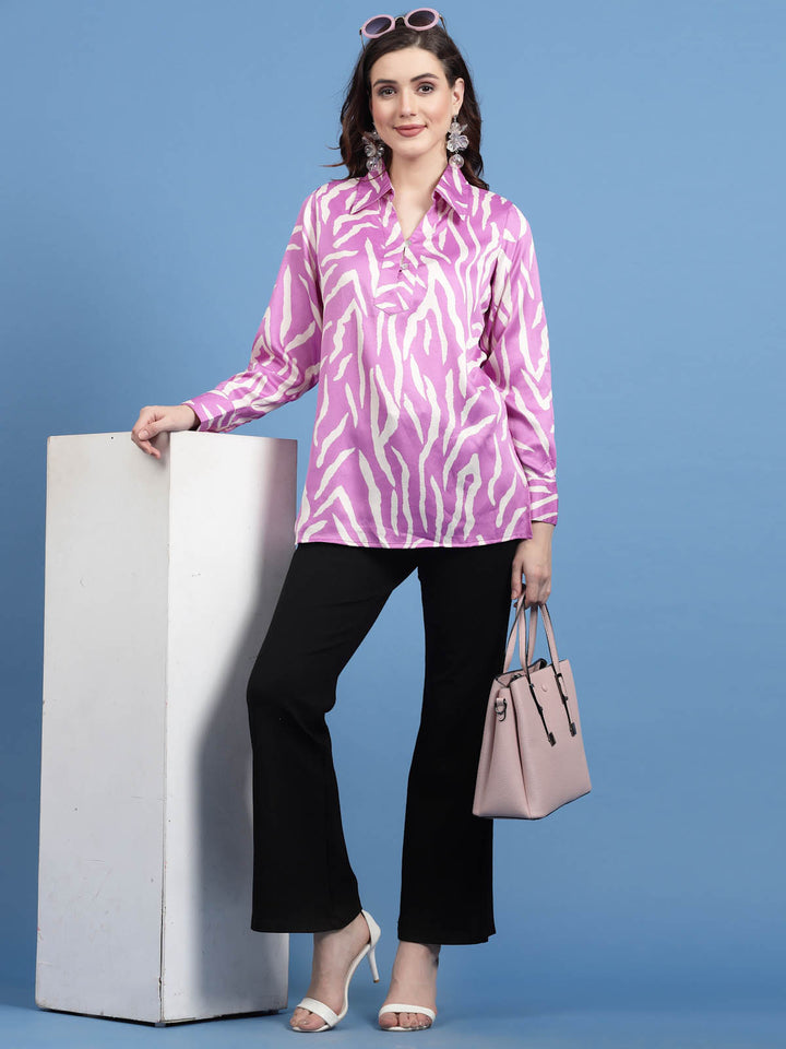 Abstract Printed Shirt Collar Cuffed Sleeves Shirt Style Top