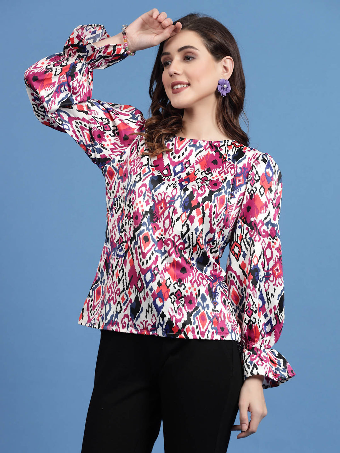 Pink Ethnic Motifs Printed Bell Sleeves Regular Top