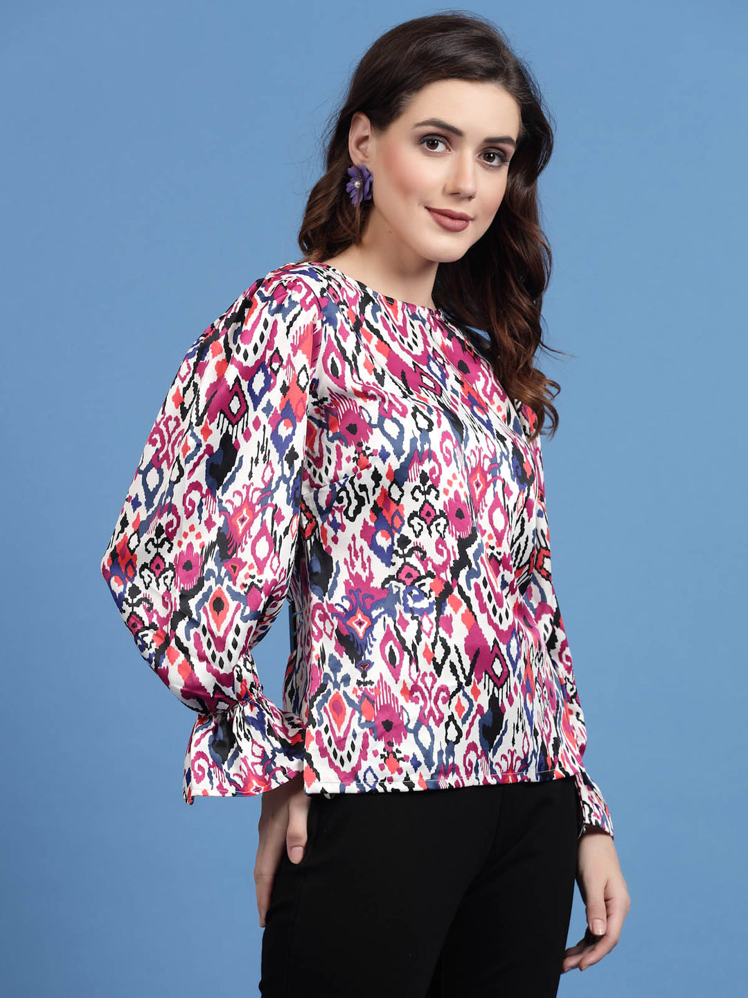 Pink Ethnic Motifs Printed Bell Sleeves Regular Top