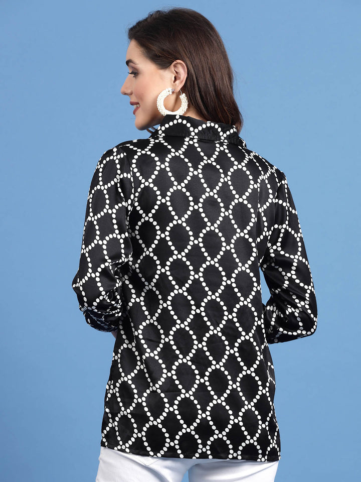 Black Geometric Printed Shirt Collar Shirt Style Top