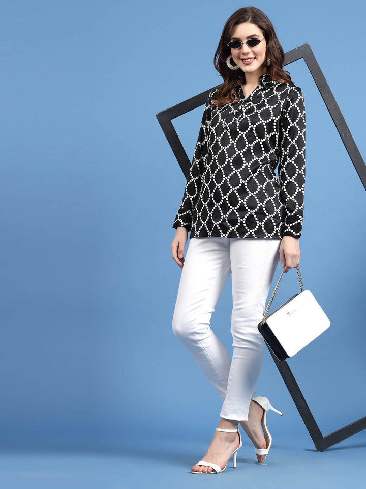 Black Geometric Printed Shirt Collar Shirt Style Top