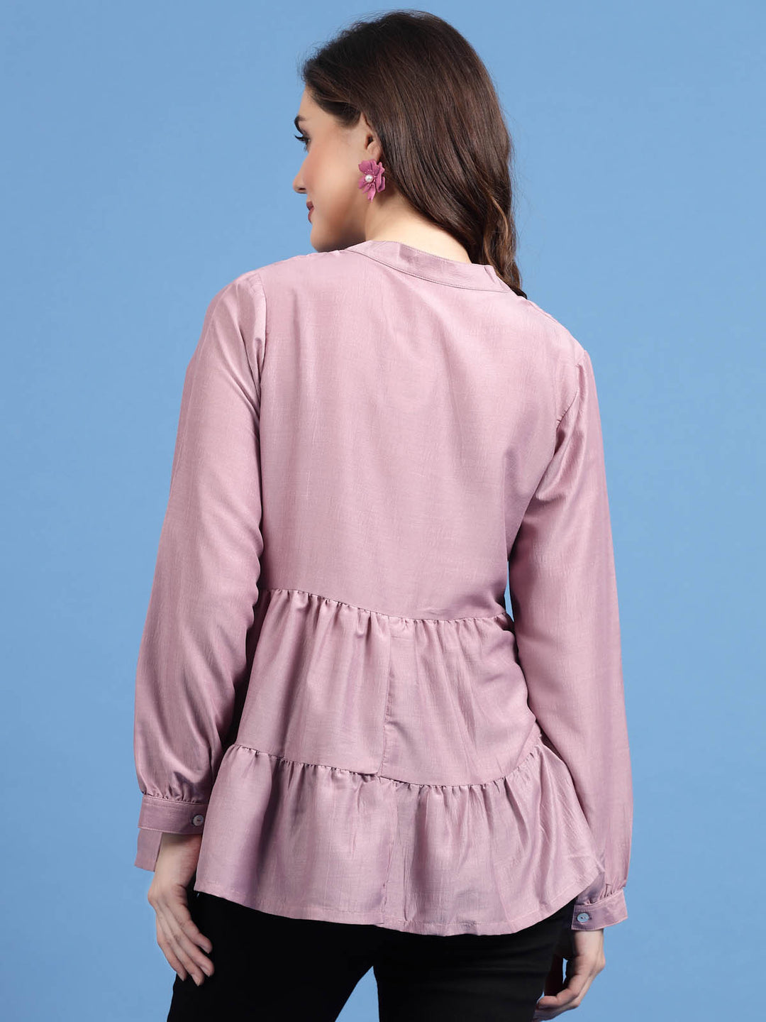 Pink Mandarin Collar Tiered A-Line Top