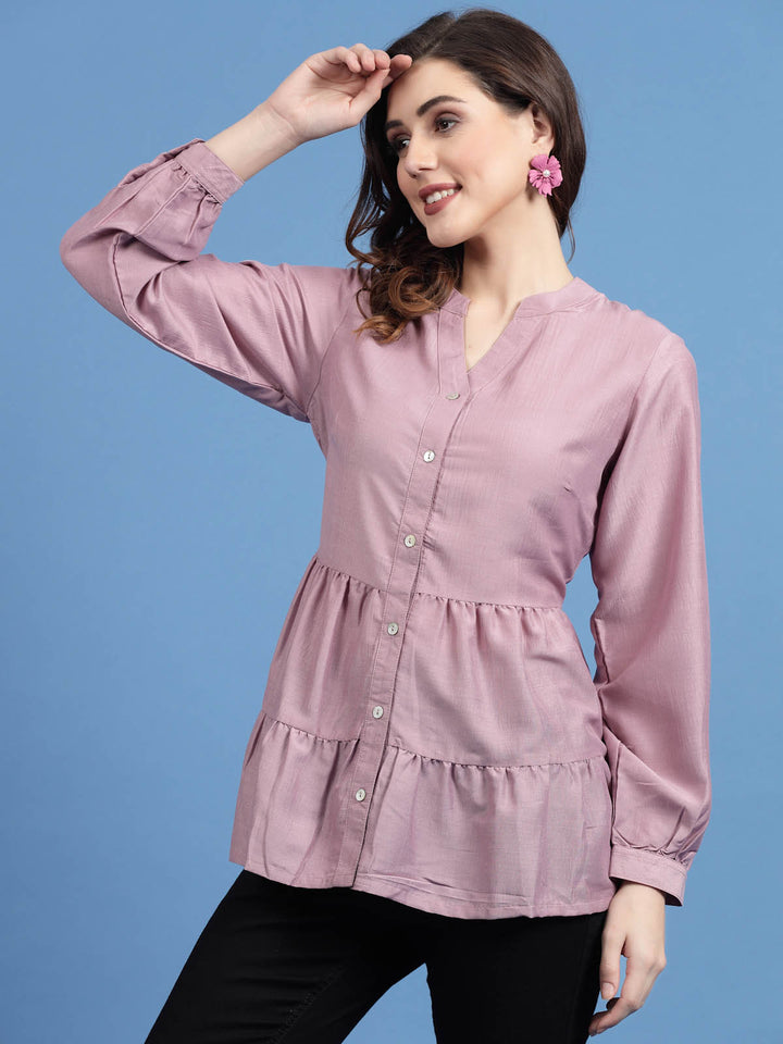 Pink Mandarin Collar Tiered A-Line Top