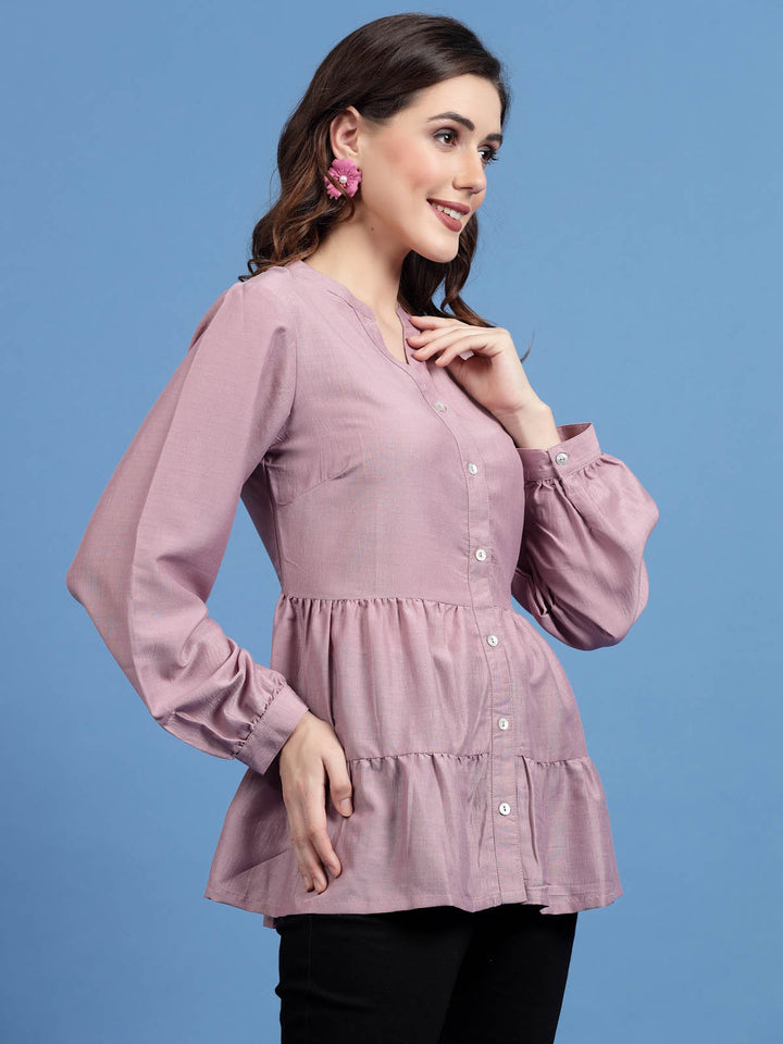 Pink Mandarin Collar Tiered A-Line Top