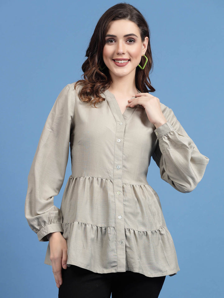 Mandarin Collar Cuffed Sleeves Gathered Detail Peplum Top