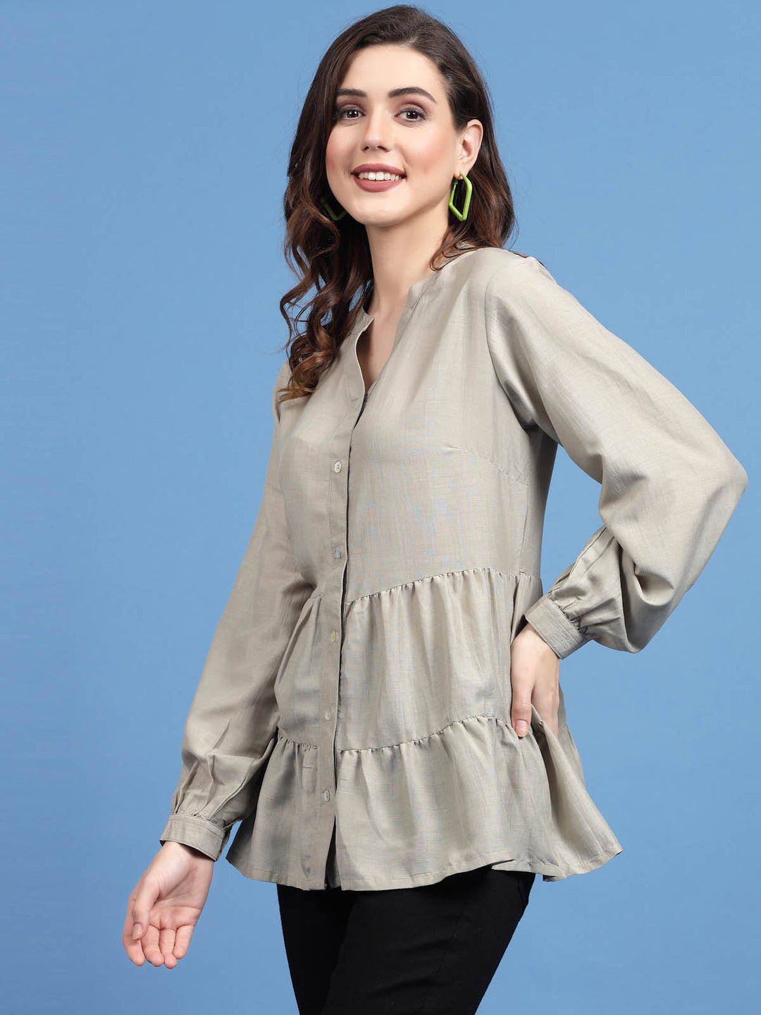 Mandarin Collar Cuffed Sleeves Gathered Detail Peplum Top