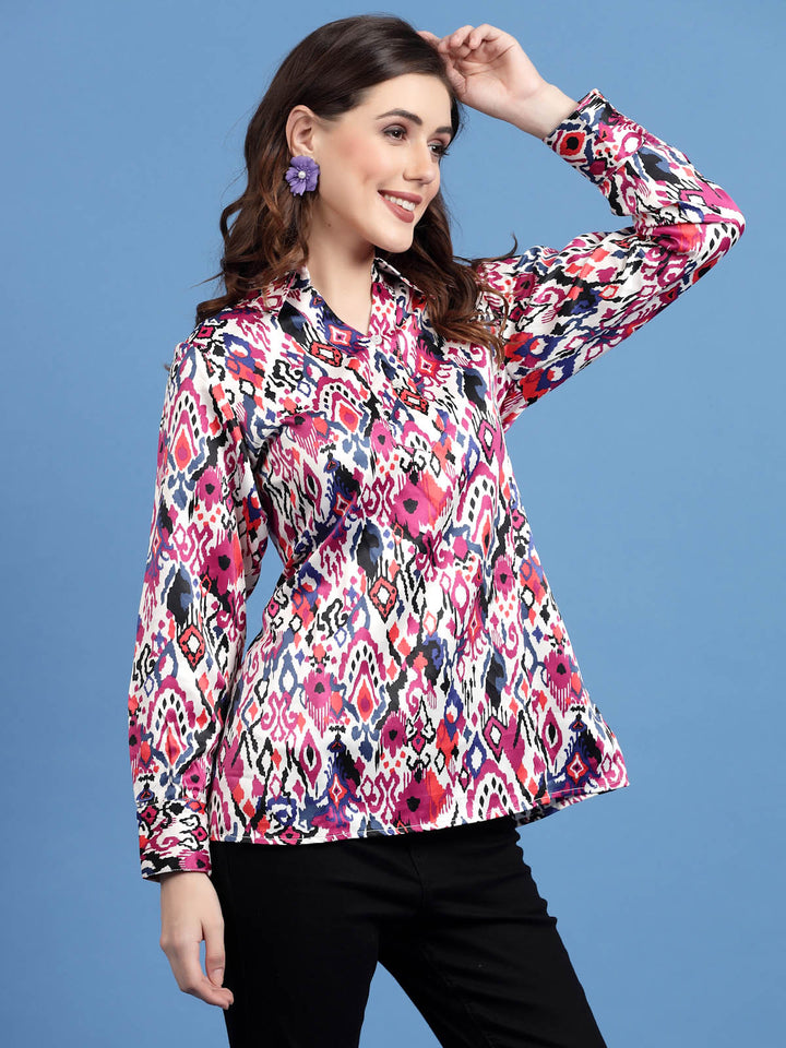 Pink Ethnic Motifs Printed Shirt Collar Regular Top