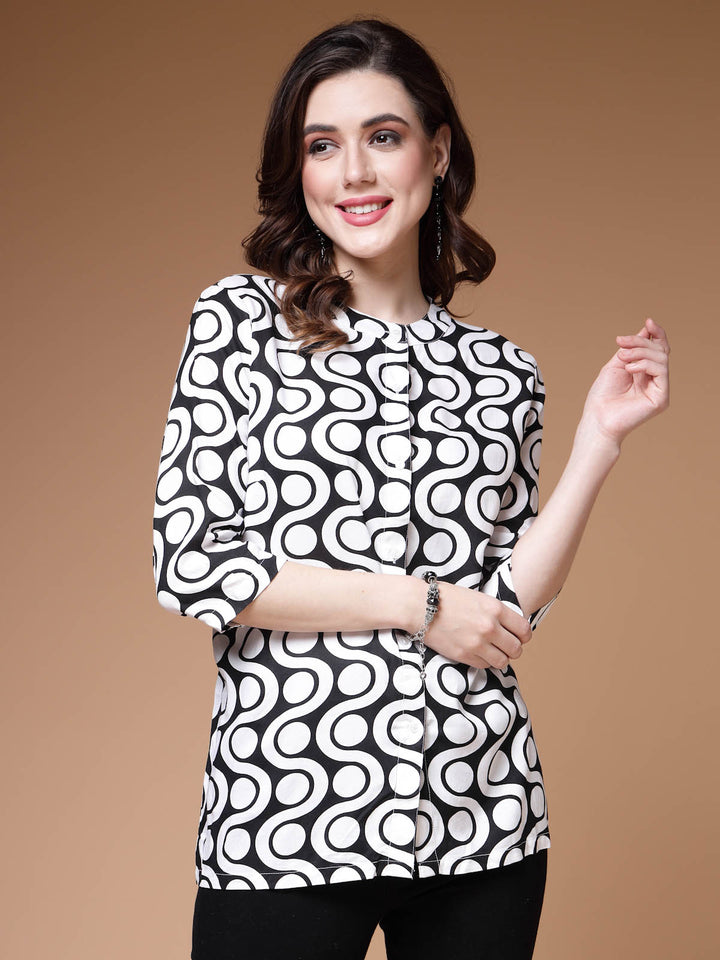 Geometric Printed Band Collar Top