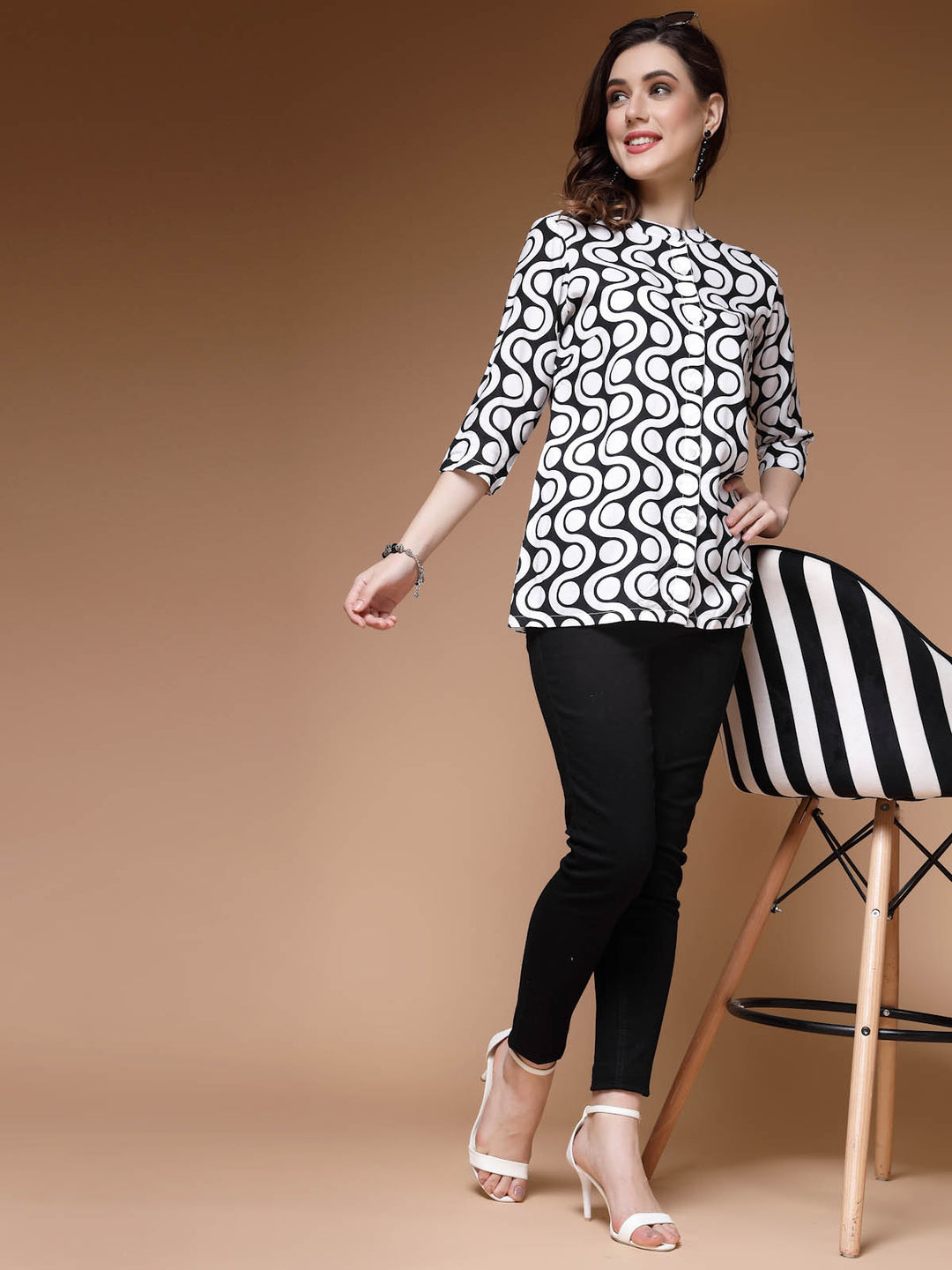 Geometric Printed Band Collar Top