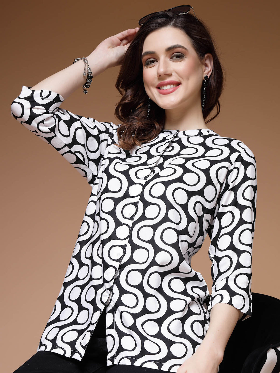 Geometric Printed Band Collar Top