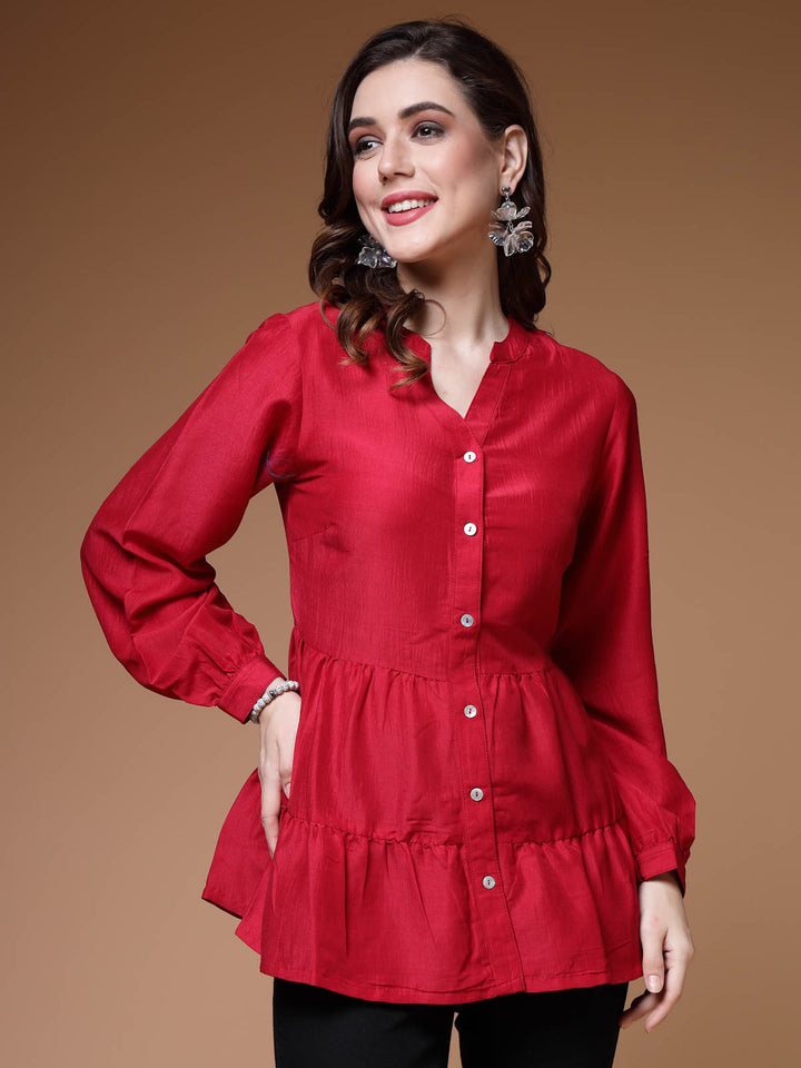 Mandarin Collar Cuffed Sleeves Gathered Detail Peplum Top