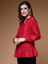 Mandarin Collar Cuffed Sleeves Gathered Detail Peplum Top