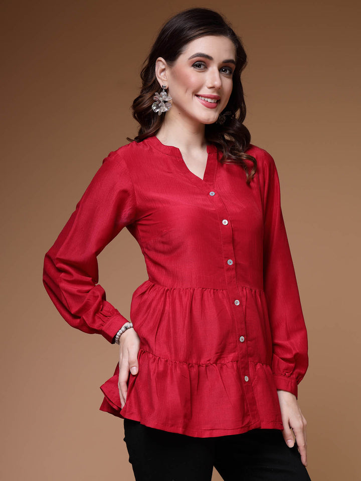 Mandarin Collar Cuffed Sleeves Gathered Detail Peplum Top