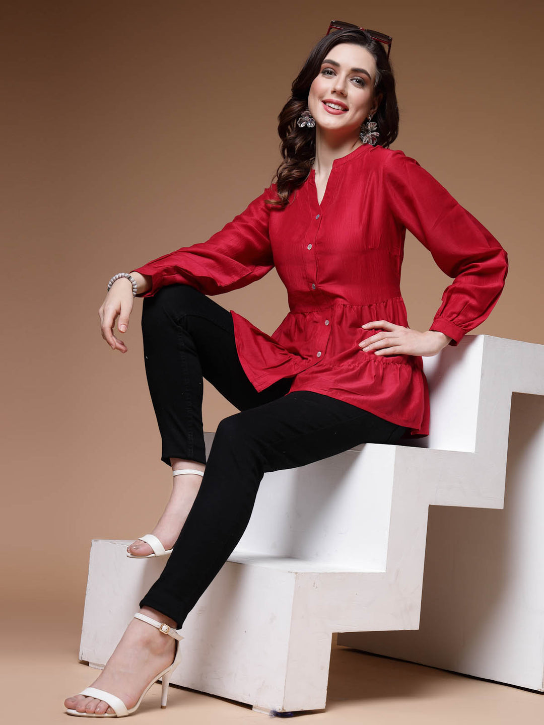 Mandarin Collar Cuffed Sleeves Gathered Detail Peplum Top