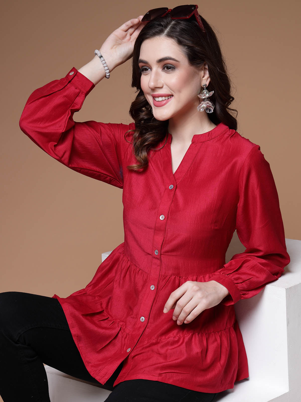 Mandarin Collar Cuffed Sleeves Gathered Detail Peplum Top