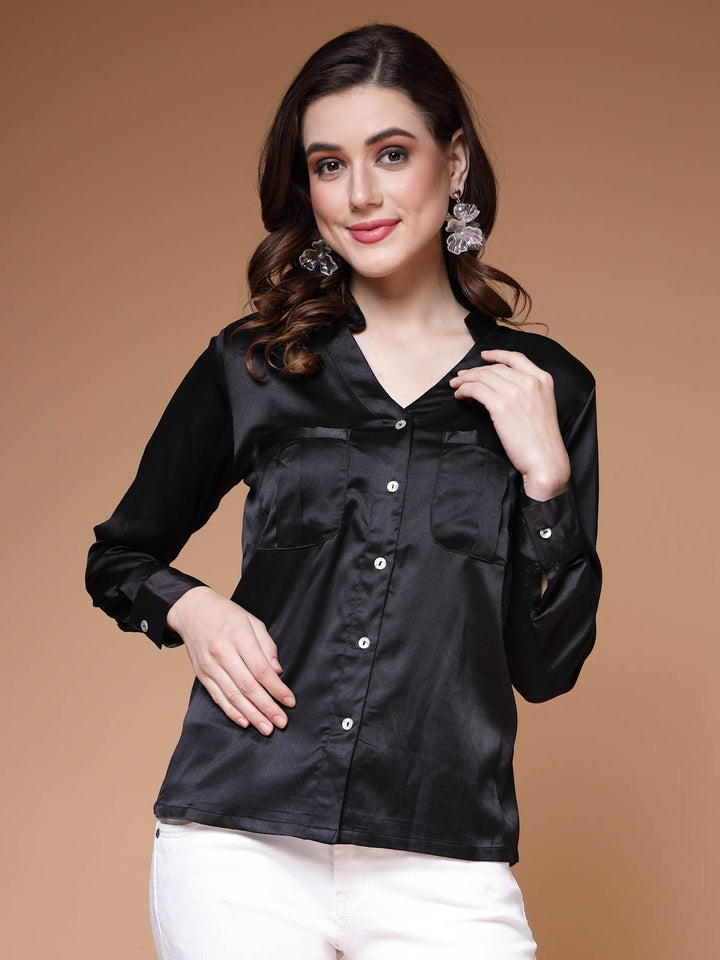 Black Mandarin Collar Cuffed Sleeves Shirt Style Regular Top