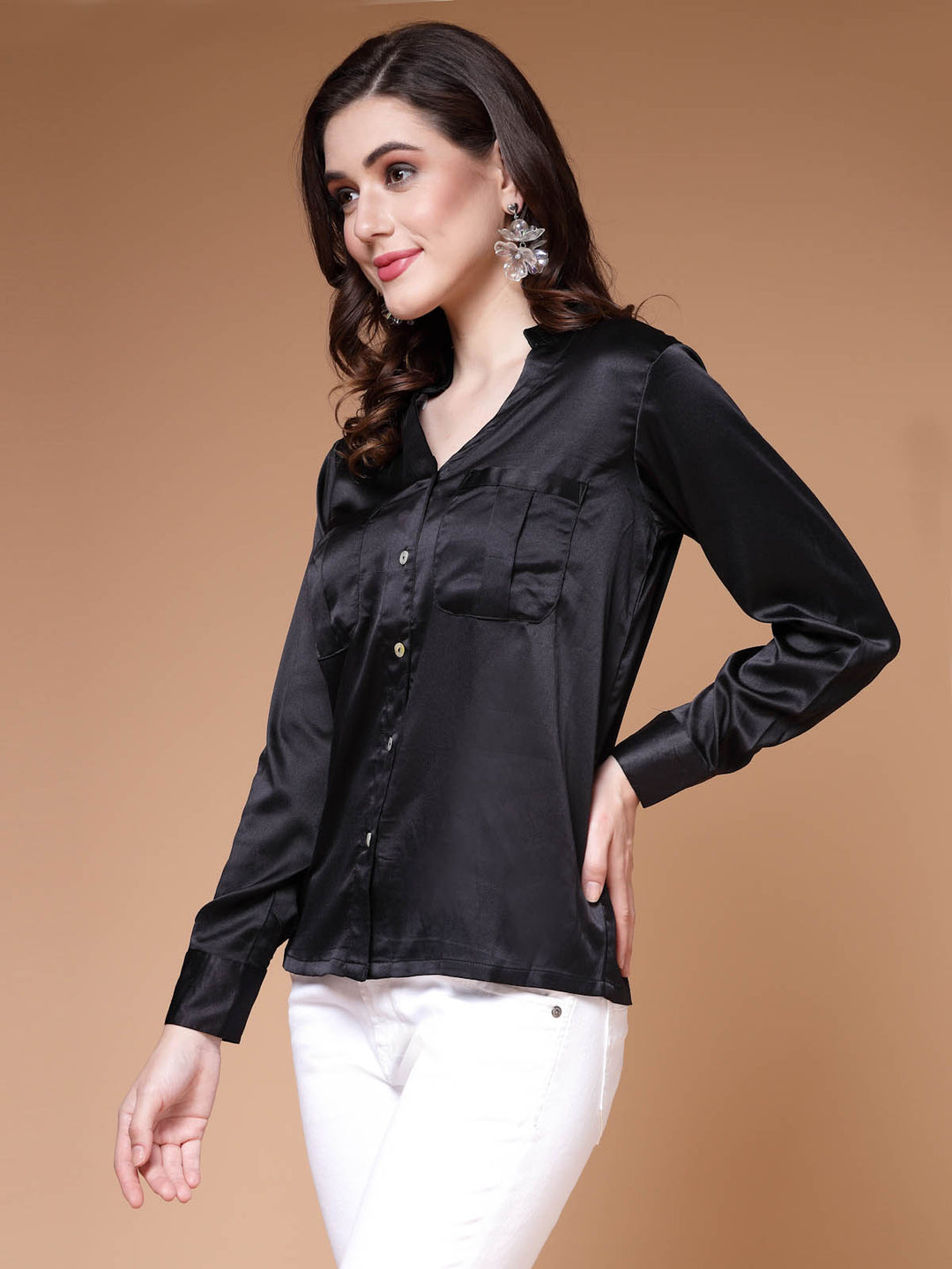 Black Mandarin Collar Cuffed Sleeves Shirt Style Regular Top