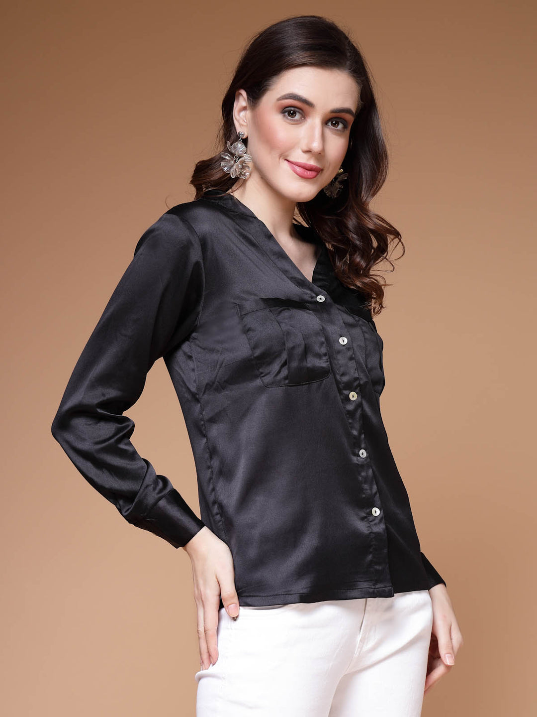 Black Mandarin Collar Cuffed Sleeves Shirt Style Regular Top