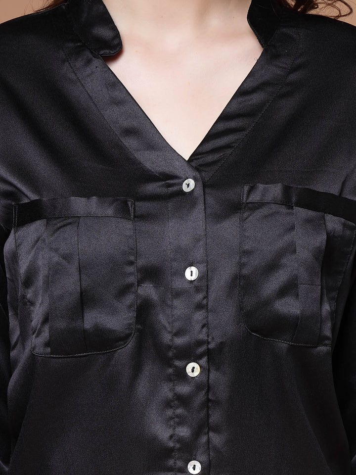 Black Mandarin Collar Cuffed Sleeves Shirt Style Regular Top