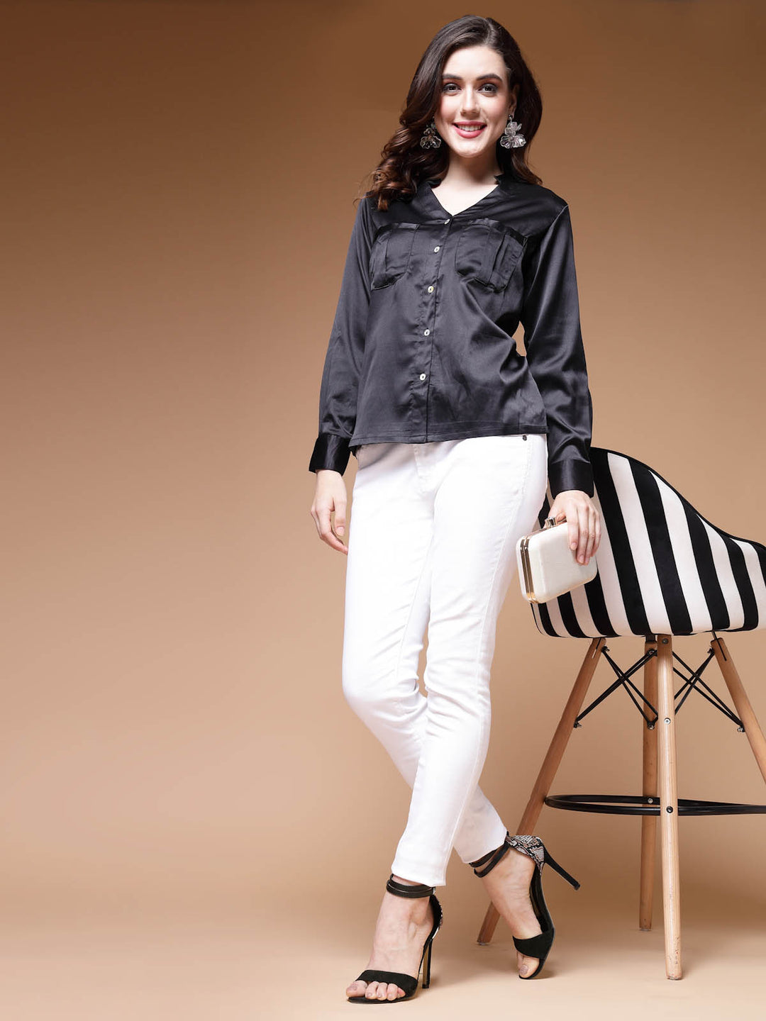 Black Mandarin Collar Cuffed Sleeves Shirt Style Regular Top