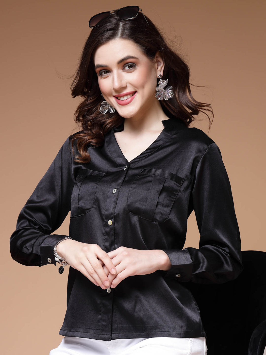 Black Mandarin Collar Cuffed Sleeves Shirt Style Regular Top