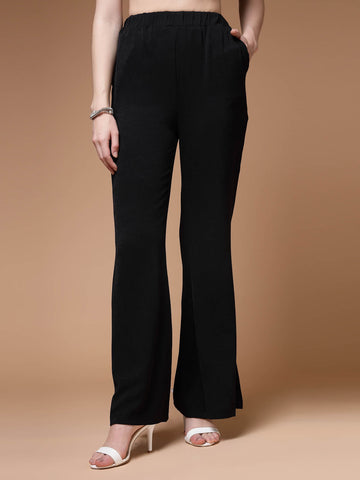 Women Black Mid Rise Plain Bootcut Trousers