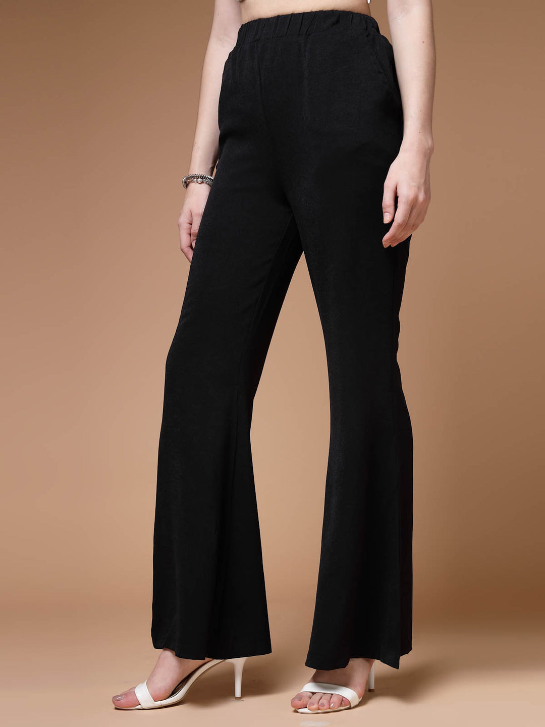 Women Black Mid Rise Plain Bootcut Trousers