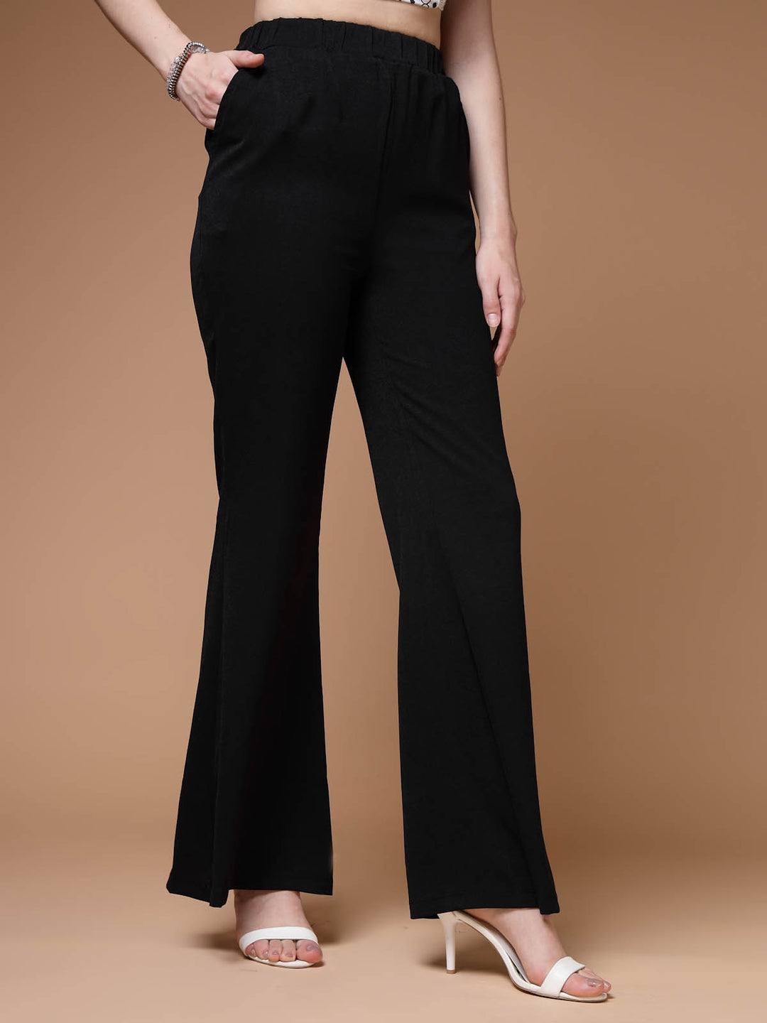 Women Black Mid Rise Plain Bootcut Trousers