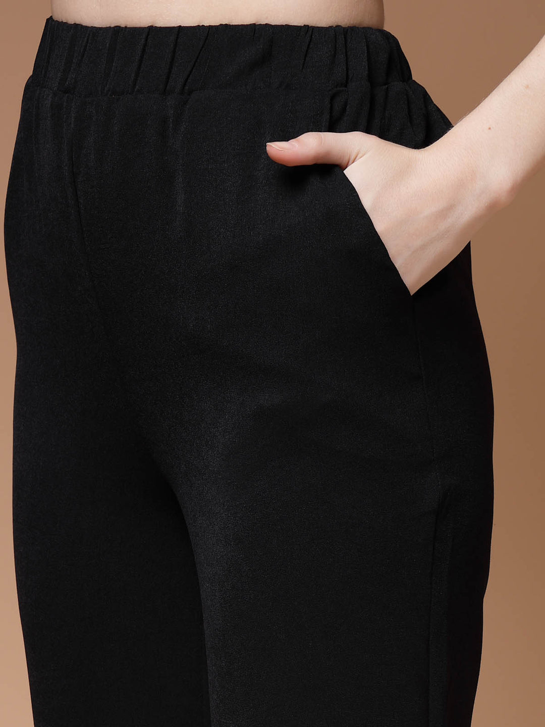 Women Black Mid Rise Plain Bootcut Trousers