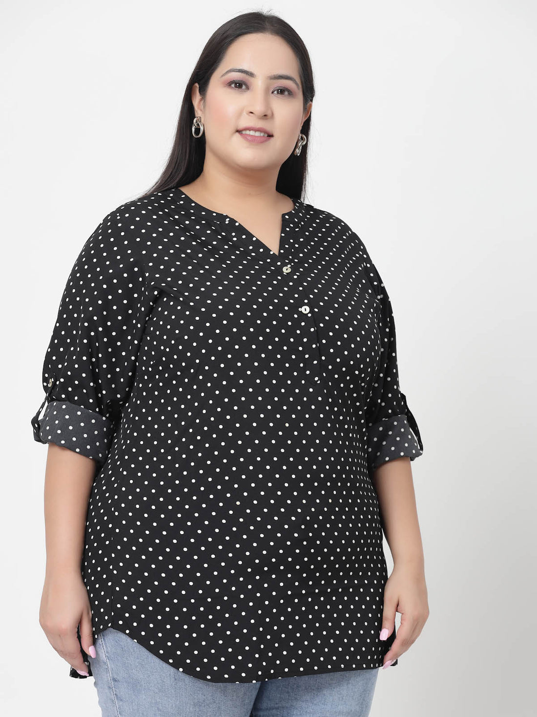 Plus Size Black  Polka Dots Printed Longline Top