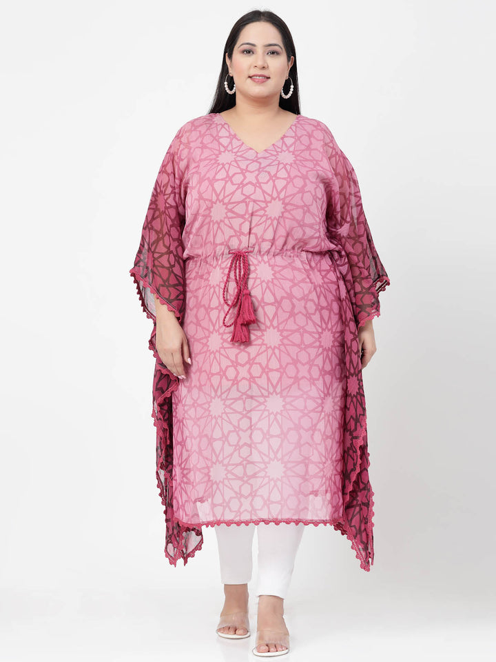 Plus Size Pink Geometric Printed V-Neck Flared Sleeves Kaftan Kurta