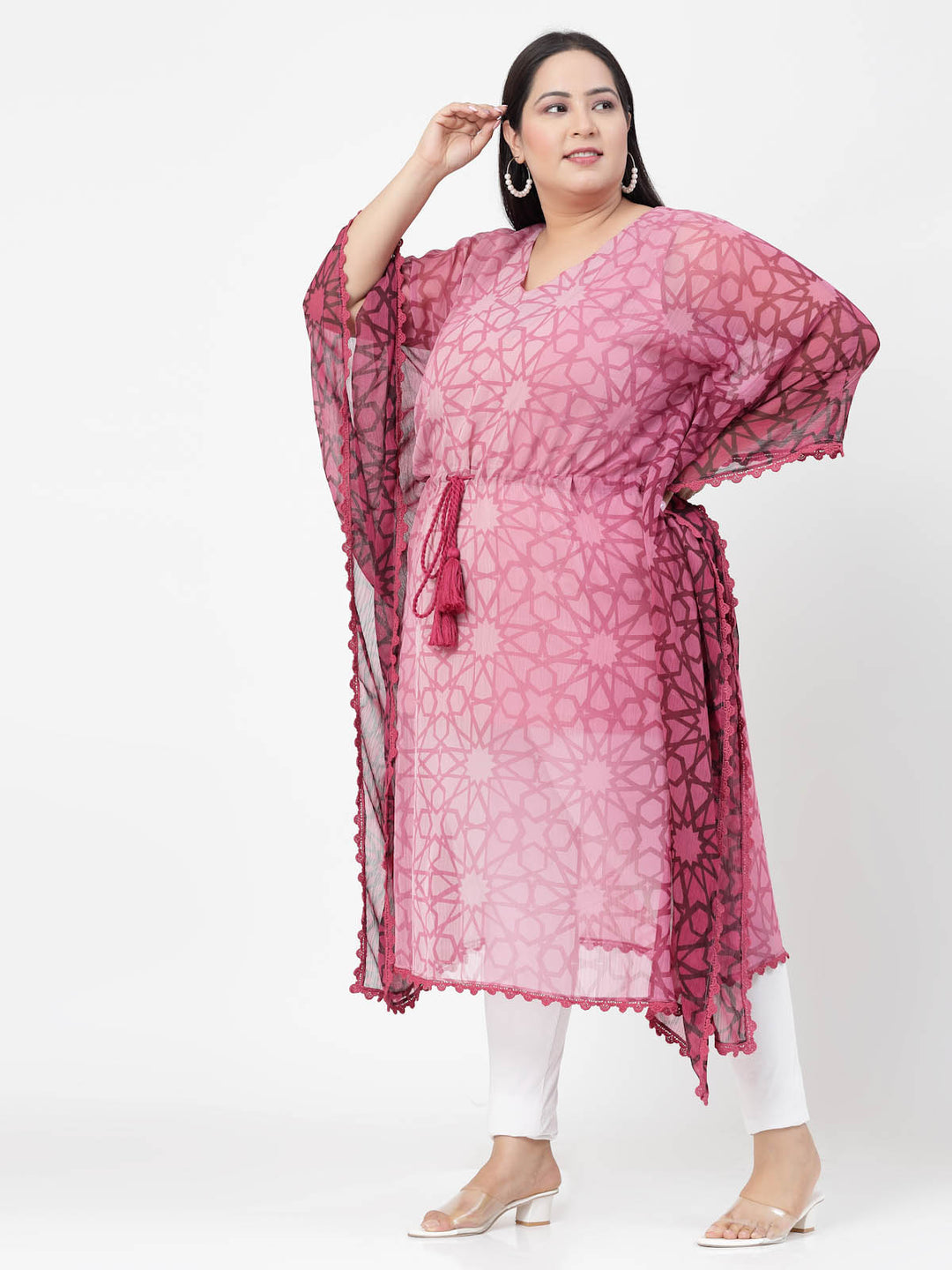 Plus Size Pink Geometric Printed V-Neck Flared Sleeves Kaftan Kurta