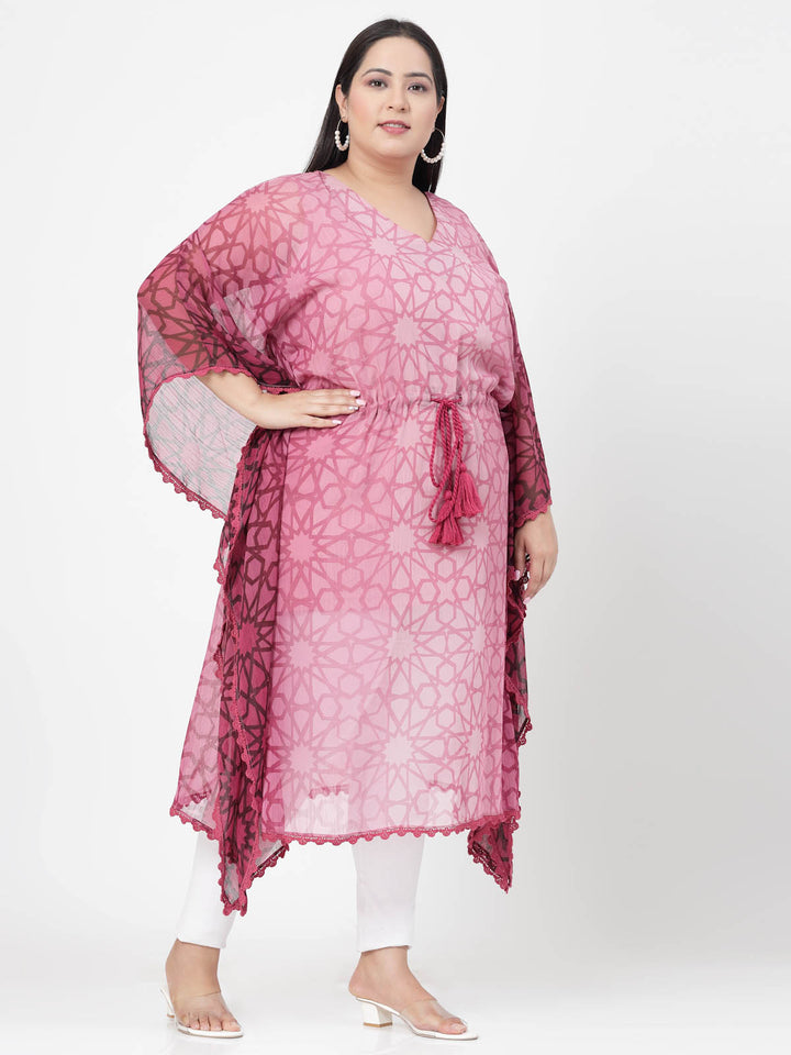 Plus Size Pink Geometric Printed V-Neck Flared Sleeves Kaftan Kurta