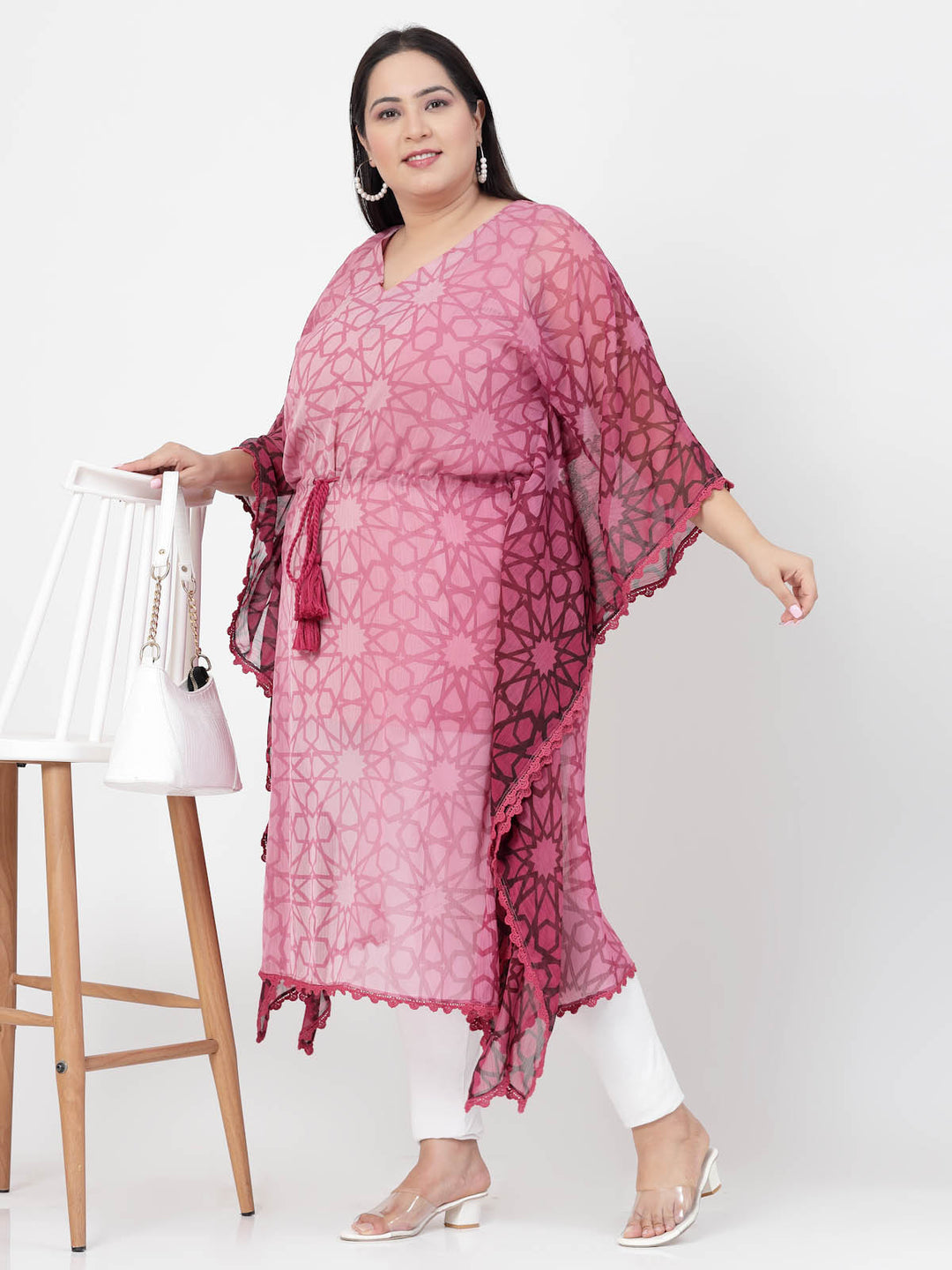 Plus Size Pink Geometric Printed V-Neck Flared Sleeves Kaftan Kurta