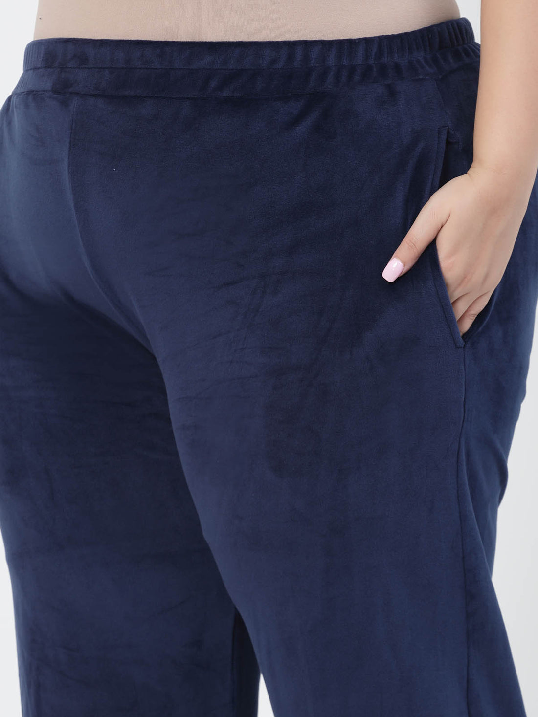 Plus Size  Navy Blue Hooded Mid Rise Velour Tracksuits