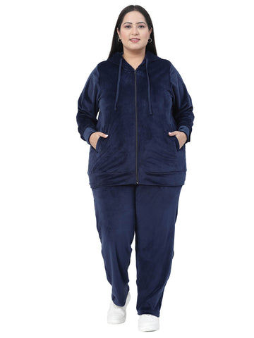 Plus Size  Navy Blue Hooded Mid Rise Velour Tracksuits