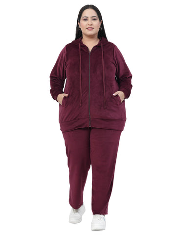 Plus Size Women Hooded Neck Velour Tracksuit