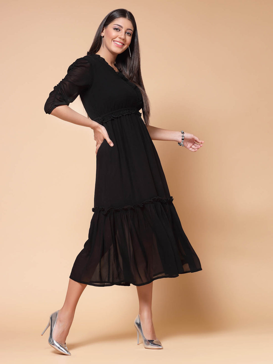 Black Puffed Sleeves A-Line Midi Dress