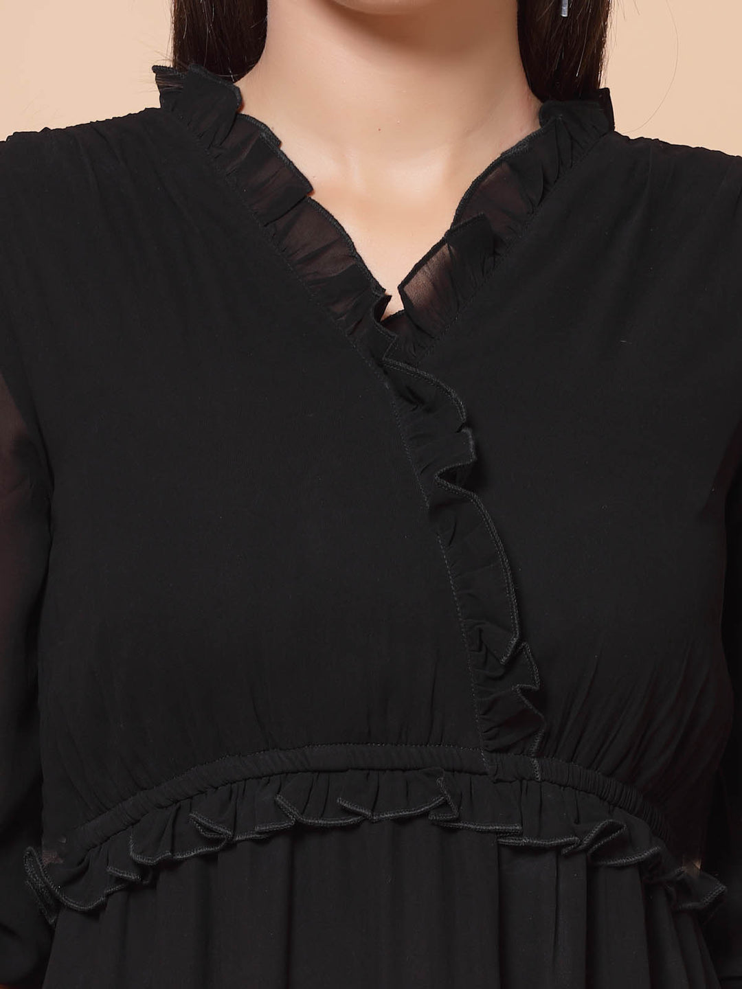 Black Puffed Sleeves A-Line Midi Dress