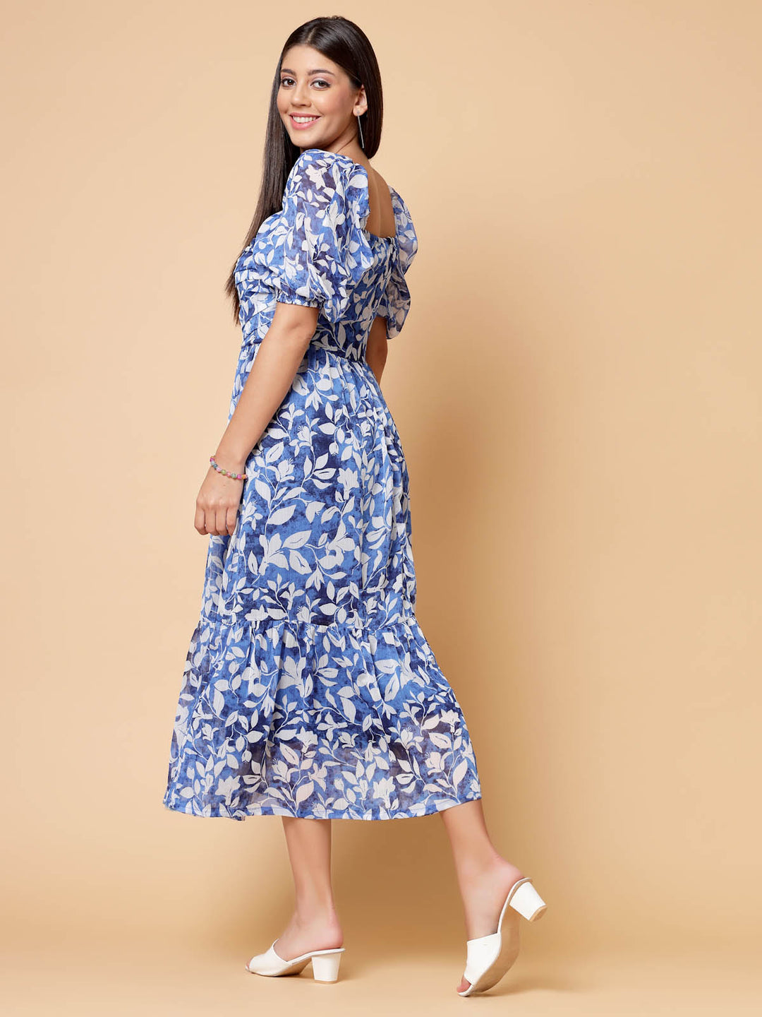 Blue Floral Print Cold-Shoulder Fit  Flare Midi Dress