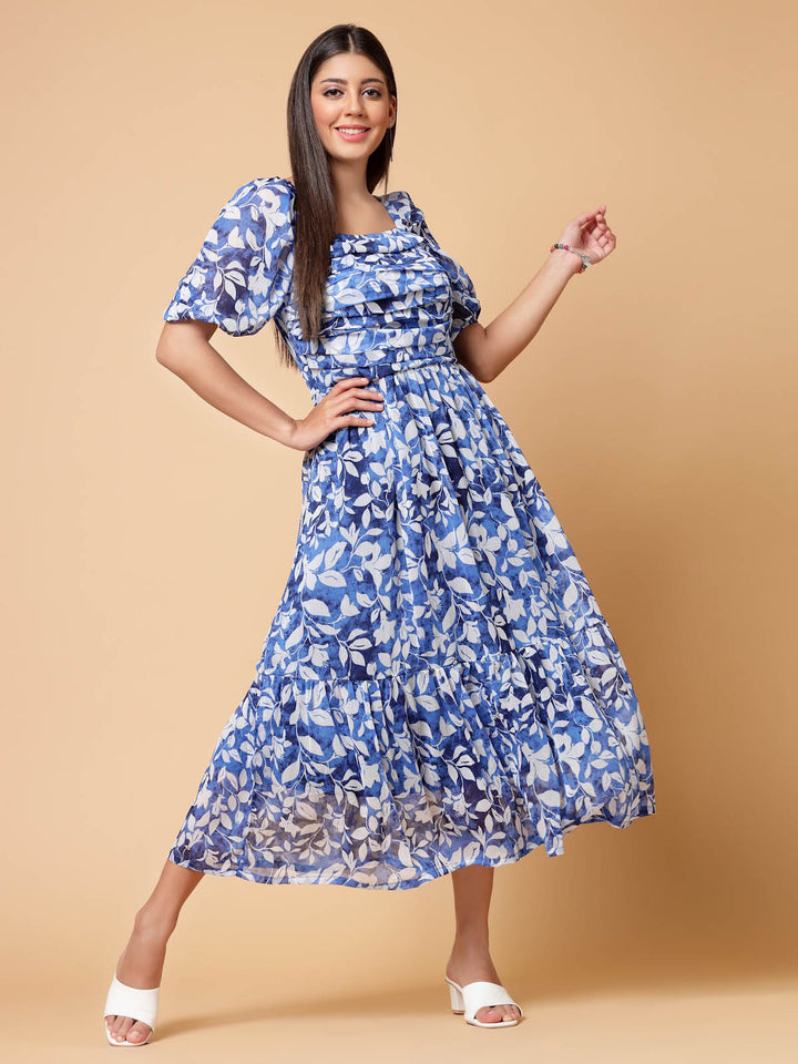 Blue Floral Print Cold-Shoulder Fit  Flare Midi Dress