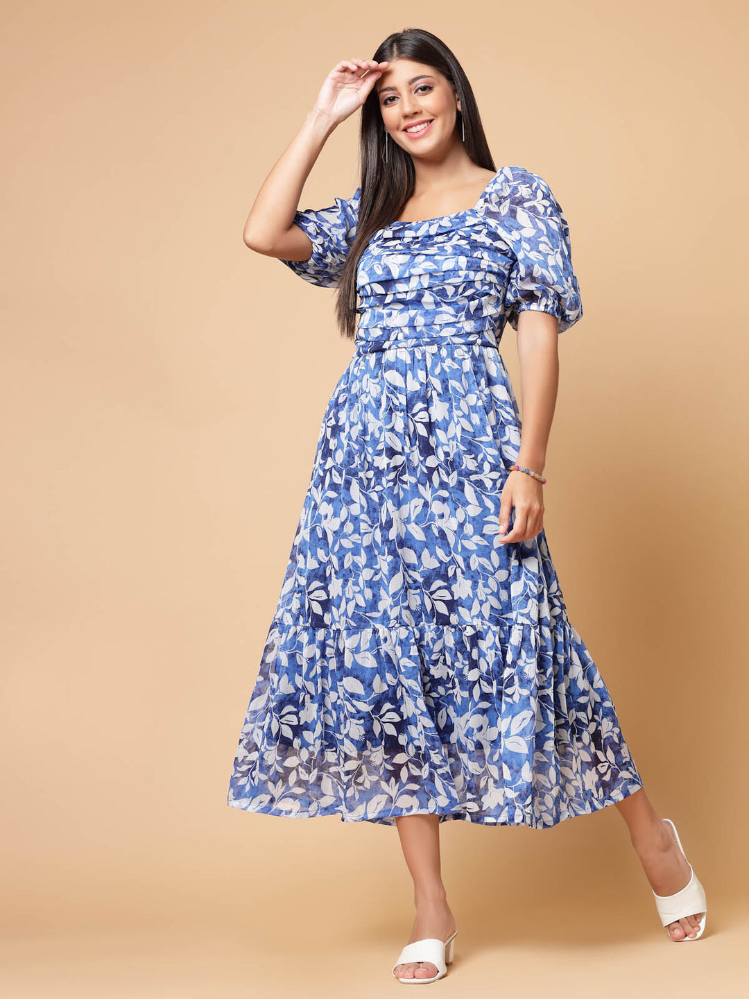 Blue Floral Print Cold-Shoulder Fit  Flare Midi Dress