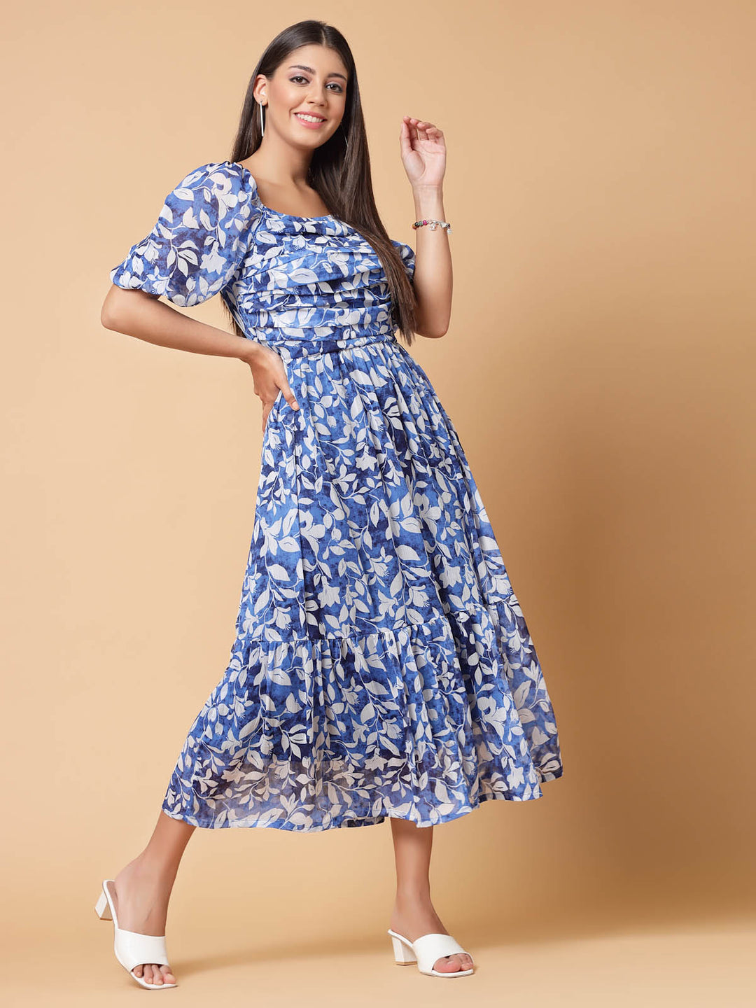 Blue Floral Print Cold-Shoulder Fit  Flare Midi Dress