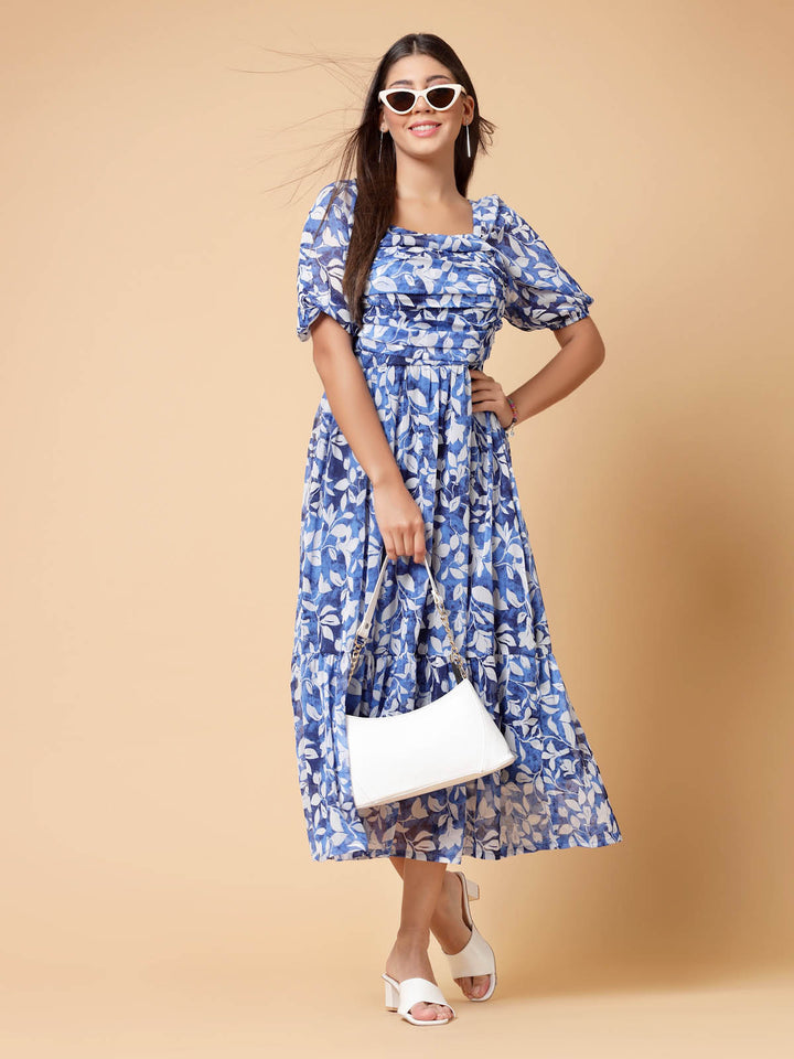 Blue Floral Print Cold-Shoulder Fit  Flare Midi Dress