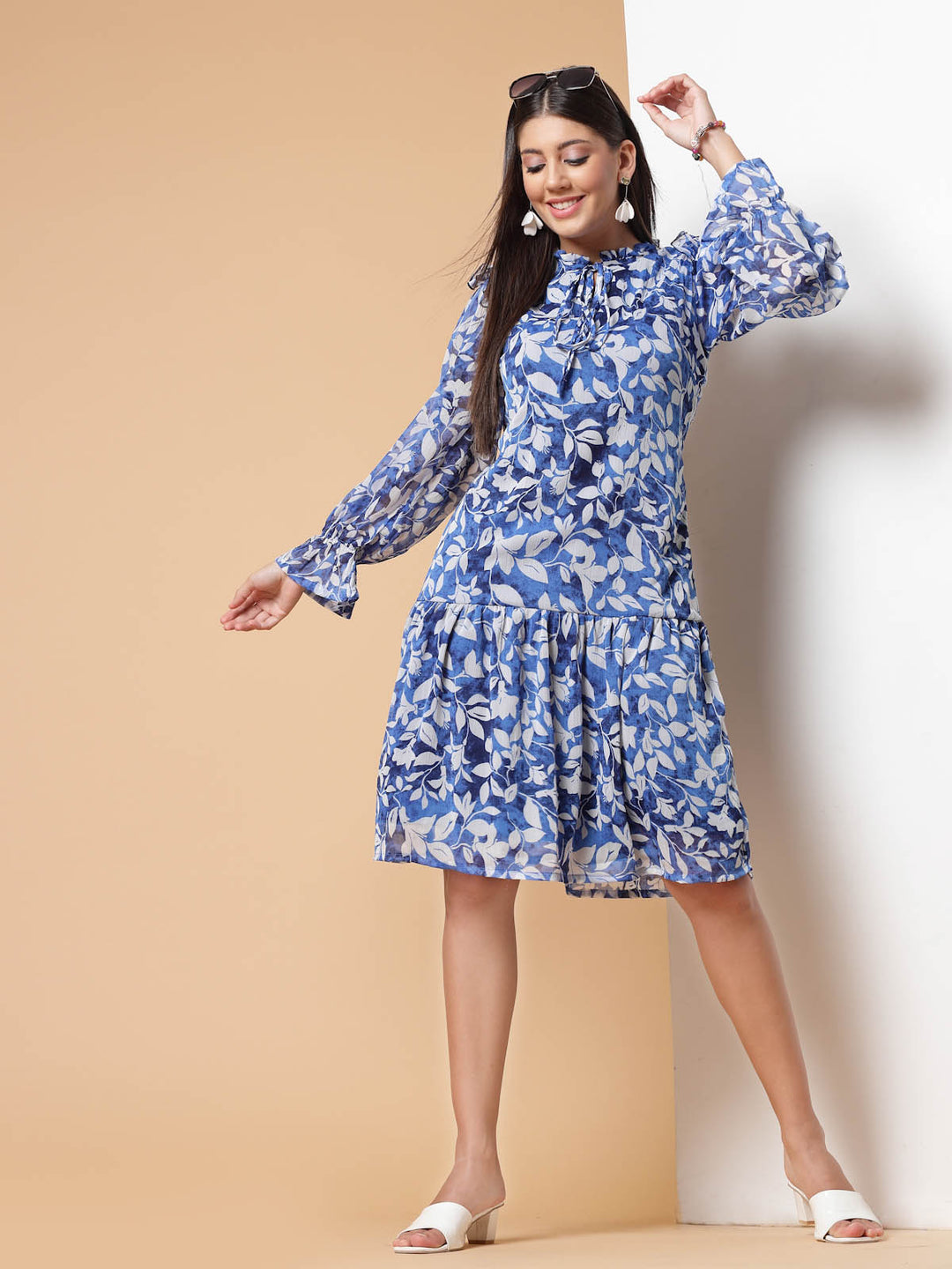 Blue Floral Printed Tie-Up Neck Puff Sleeves Ruffles Flounce Hem Drop-Waist Dress