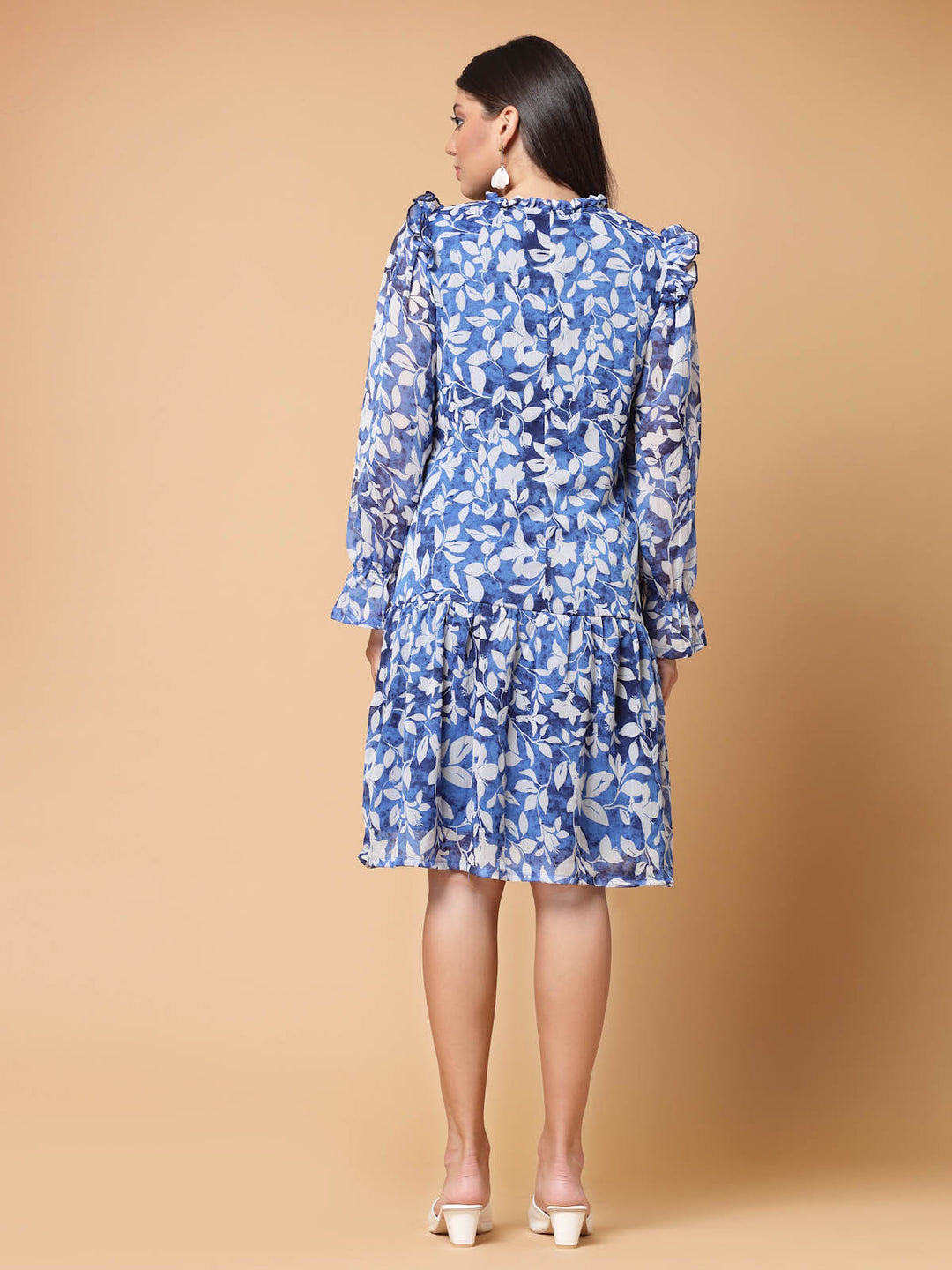 Blue Floral Printed Tie-Up Neck Puff Sleeves Ruffles Flounce Hem Drop-Waist Dress