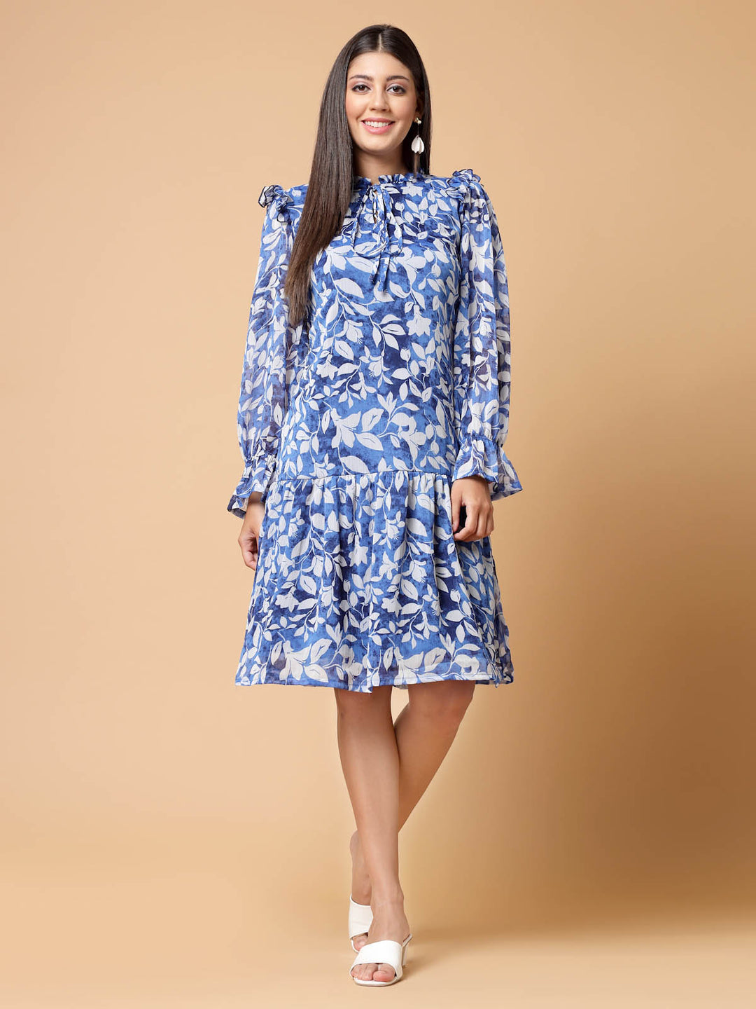 Blue Floral Printed Tie-Up Neck Puff Sleeves Ruffles Flounce Hem Drop-Waist Dress