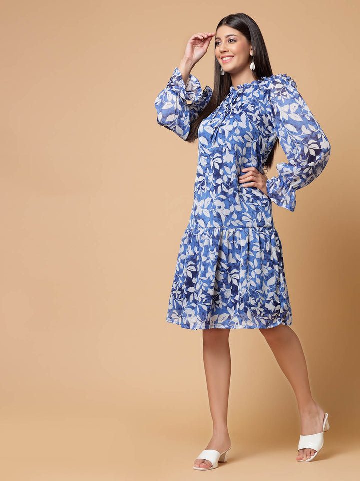 Blue Floral Printed Tie-Up Neck Puff Sleeves Ruffles Flounce Hem Drop-Waist Dress