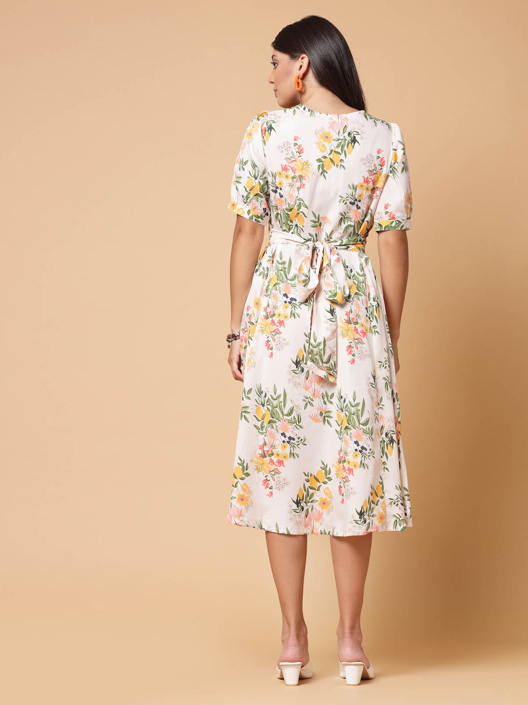 White Floral Printed Puffed Sleeves A-Line Midi Dress